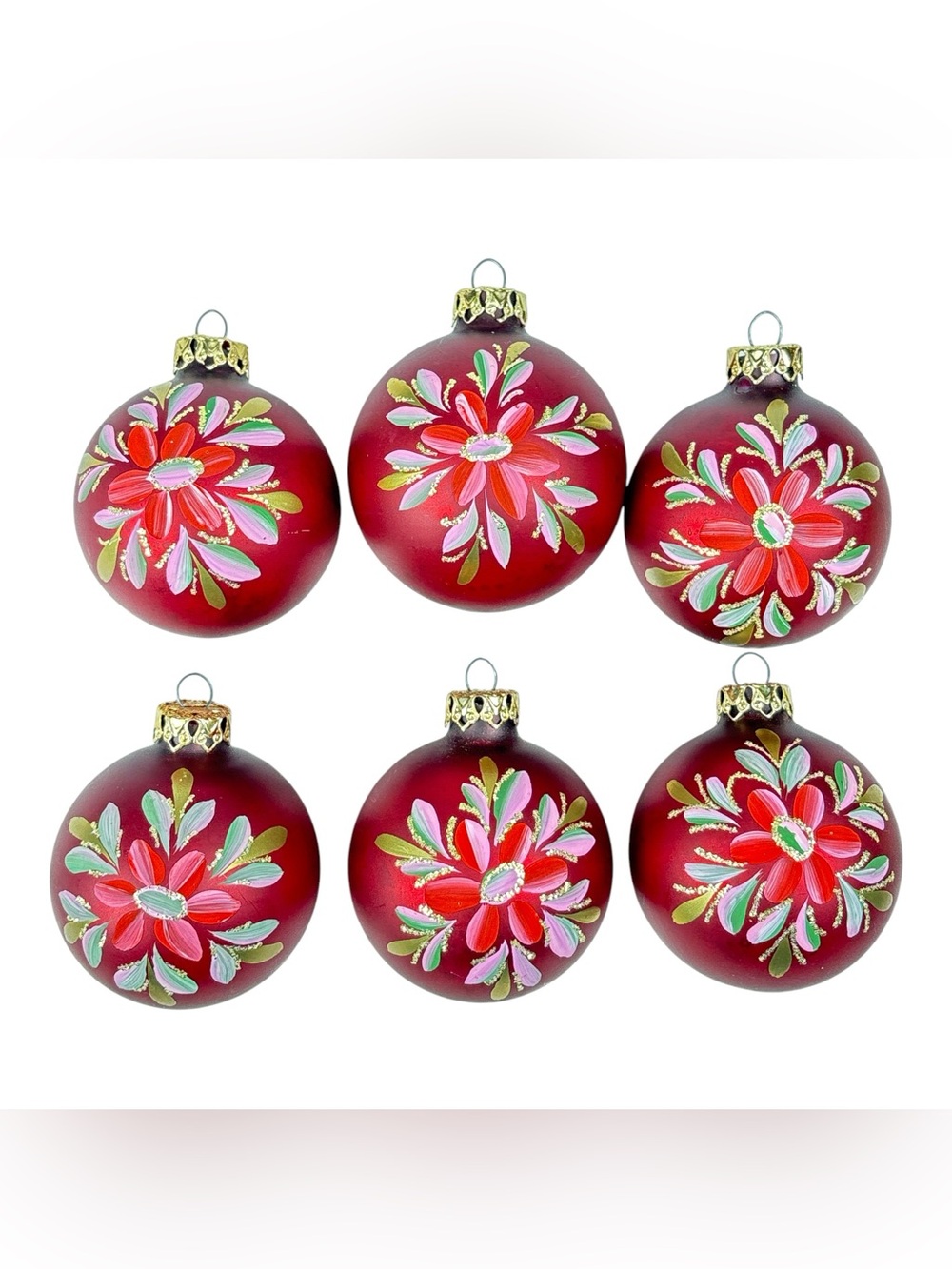 6 Vintage 2.25" Red Mercury Glass West Germany Floral Christmas Balls Ornaments